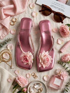 Jeffrey Campbell Rose-Embellished Pink Satin Slide Sandals